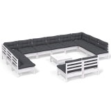 Set mobilier de gradina cu perne, 13 piese, alb, lemn masiv pin