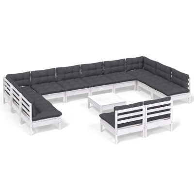 Set mobilier de gradina cu perne, 13 piese, alb, lemn masiv pin foto