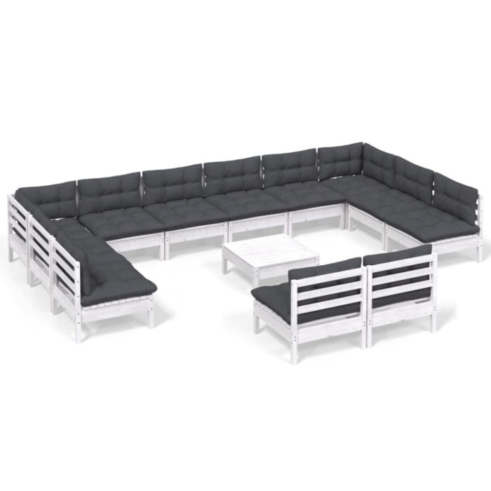Set mobilier de gradina cu perne, 13 piese, alb, lemn masiv pin