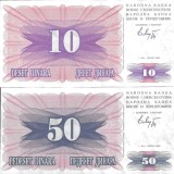BOSNIA HERTEGOVINA SET / LOT ( 2 buc ) 10 + 50 DINARI / DINARA 1992 , P-10a + P-12a , UNC - necirculate