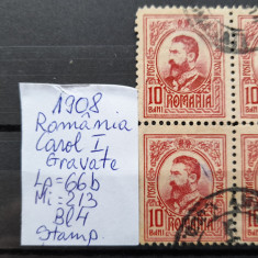 1908-Romania-Carol I gravate-Bl4-stampilat