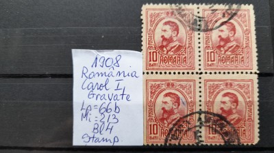 1908-Romania-Carol I gravate-Bl4-stampilat foto