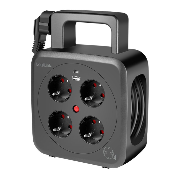 PRELUNGITOR LOGILINK, Schuko x 4, conectare prin Schuko (T), 16 A, 1xUSB-A, 1xUSB-C, comutator oprire termica, cablu 5m tip bobina, protectie IP20, ne
