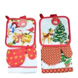 Set 3 piese bucatarie Heinner, bumbac, suport vase 17x17cm, prosop 38x63cm, manusa 17x27cm, modele ren/om zapada