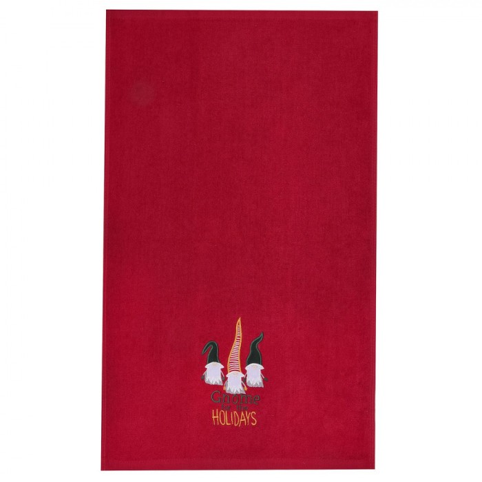 Prosop din Bumbac Rosu cu Figuri de Gnome Bodat de Craciun Shopiens&reg;, 90 x 50 cm