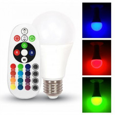 Bec LED RGB, 6 W, soclu E27, 470 lm, 4000 K, alb neutru, telecomanda inclusa foto