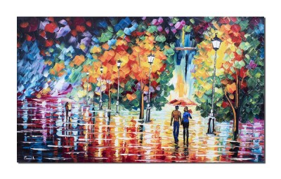 Tablou indragostiti pictat manual, Impreuna pe aleea cu felinare, 100x60cm ulei pe panza in cutit, gata de expus pe perete foto