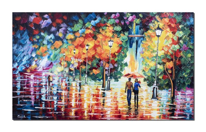 Tablou indragostiti pictat manual, Impreuna pe aleea cu felinare, 100x60cm ulei pe panza in cutit, gata de expus pe perete