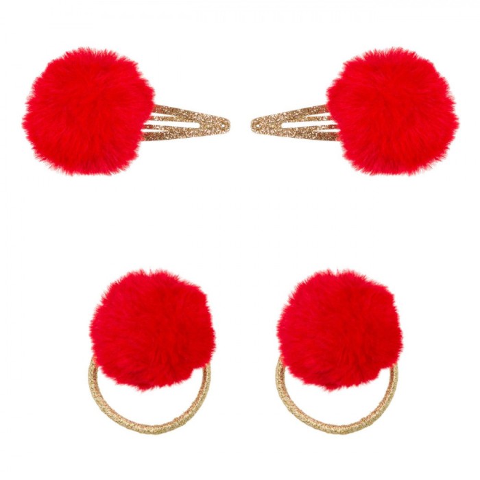 Set Clame De Păr și Elastice, 4 Bucăți, Pompon Roșu, Accesorii Crăciun, Auriu