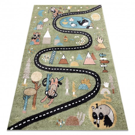 Covor FUN Route pentru copii, strada, animale, verde, 80x150 cm