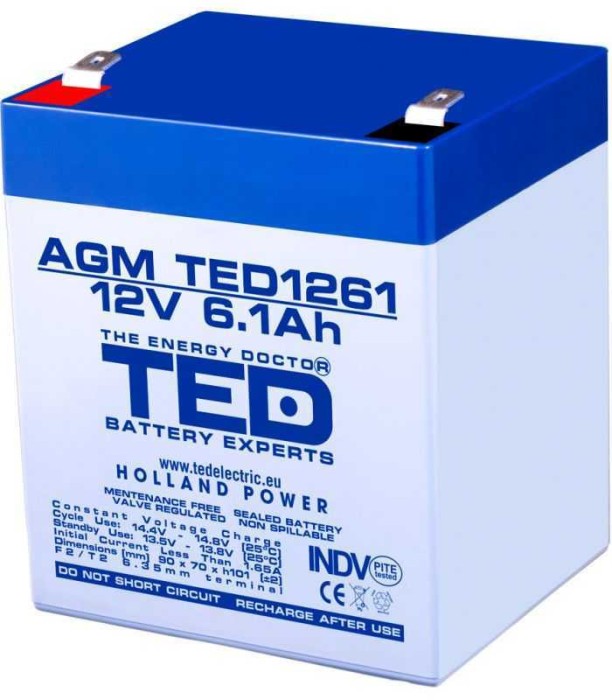 Acumulator AGM VRLA 12V 6.1Ah plumb acid 90x70x98 mm F2 terminal TED