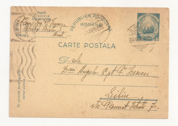 RS1 Carte Postala Romania - circulata 1949 Arad-Sibiu