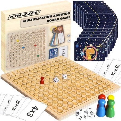 Masa de inmultire cu carti, zaruri si pioni, joc educativ din lemn, 27x27x0,7 cm foto