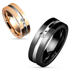 Inel din oțel chirurgical, în culorile arămiu și argintiu, zirconiu rotund transparent, 6 mm - Marime inel: 49