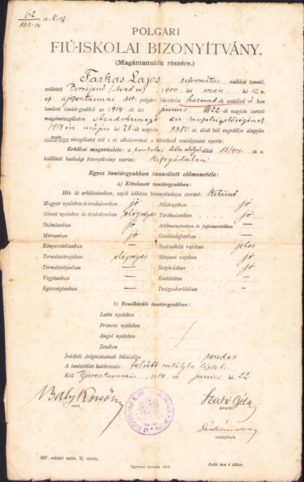 HST A1823 Certificat școlar 1914 S&acirc;ntana Arad
