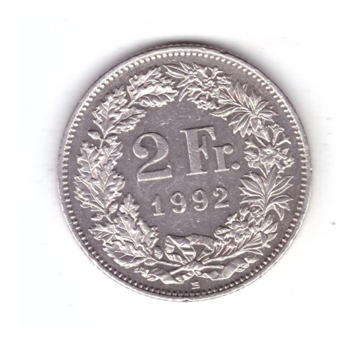 Moneda Elvetia 2 francs/franci 1992, stare buna, curata