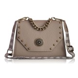 Cumpara ieftin Poșetă Chiara Taupe Piele Naturală, Curea Bumbac &amp; Lanț Metalic, 25cm, Made in Greece, Geantă Damă de Umăr/M&acirc;nă, Accesorii Modă