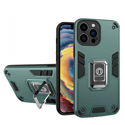 Husa iron warriors pentru iphone 12, flippy, hybrid ring holder kickstand, verde inchis foto