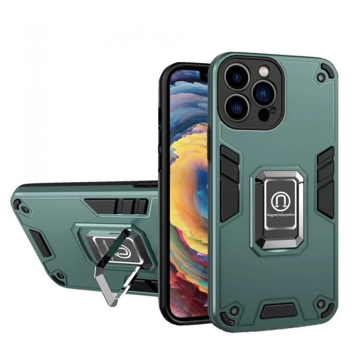 Husa iron warriors pentru iphone 12, flippy, hybrid ring holder kickstand, verde inchis
