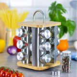 Set de 16 recipiente din otel inoxidabil si sticla cu suport, pentru contimente, Klausberg