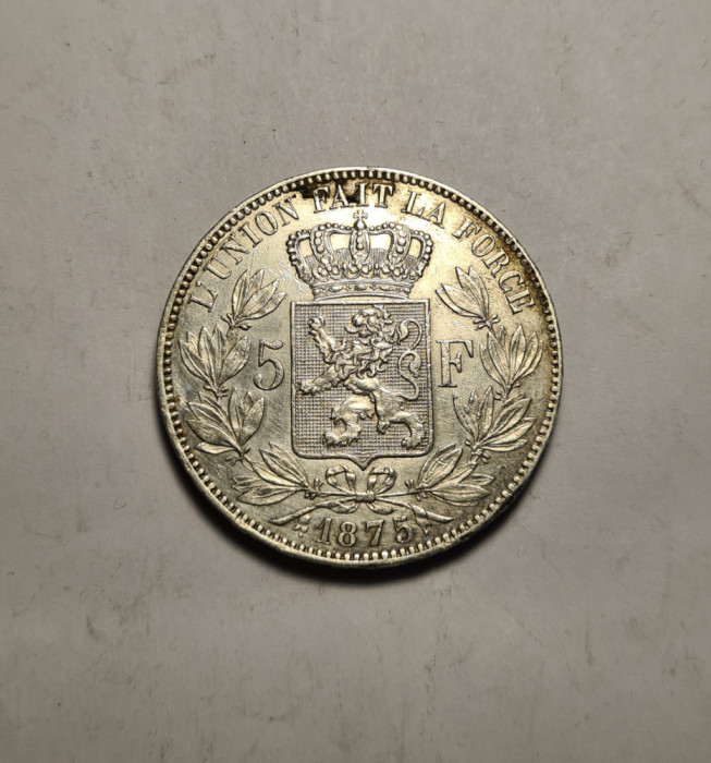 Belgia 5 Franci 1875 Piesa Frumoasa de Colectie