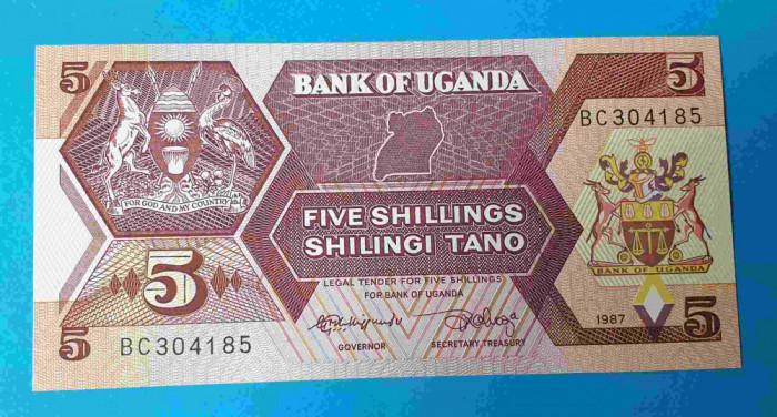 Uganda - 5 Shilingi Tano 1987 - bancnota UNC - Superba