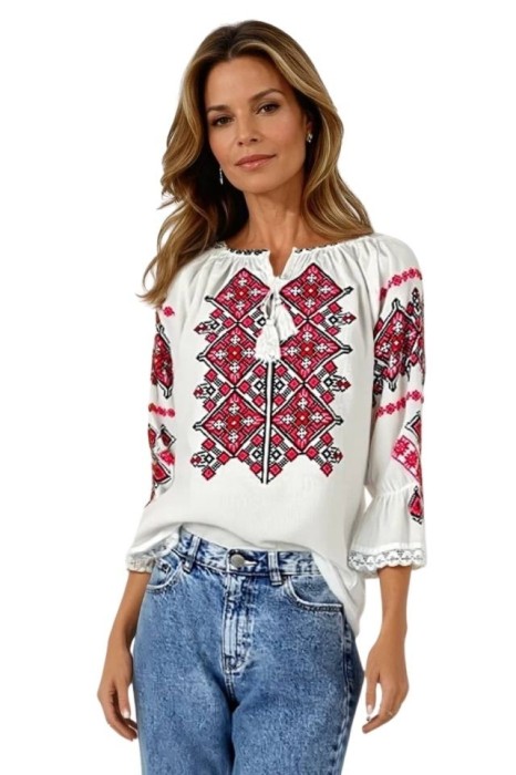 Bluza dama tip ie R256 alb/rosu , marimea L
