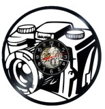 Ceas de perete decorativ realizat din disc de vinil, Model Aparat Foto Fotografie DSLR, Negru, 30 cm