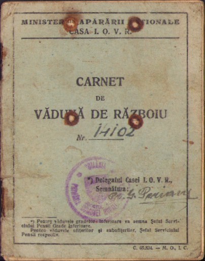 HST A2303 Carnet de văduvă de războiu, Rom&acirc;nia, perioada interbelică