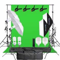 Sistem studio foto video cu green screen, iluminare mixta 5500K si LED 120W cu telecomanda, 2 softboxuri, 2 umbrele, stative 200 cm si genti transport