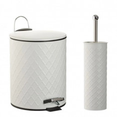 Set 2 accesorii pentru baie format din cos de gunoi si perie Wc cu suport , Metal,Alb