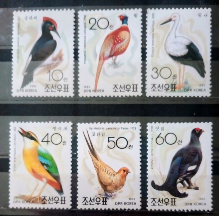 Coreea 1992 păsări ciocănitoare,barza,fazan,cocos de munte ,graur mongol, serie , nestampilata, Korea 1992