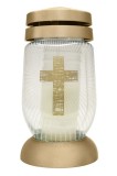 Candela funerara Bolsius cu cruce aurie, sticla transparenta, 36 ore