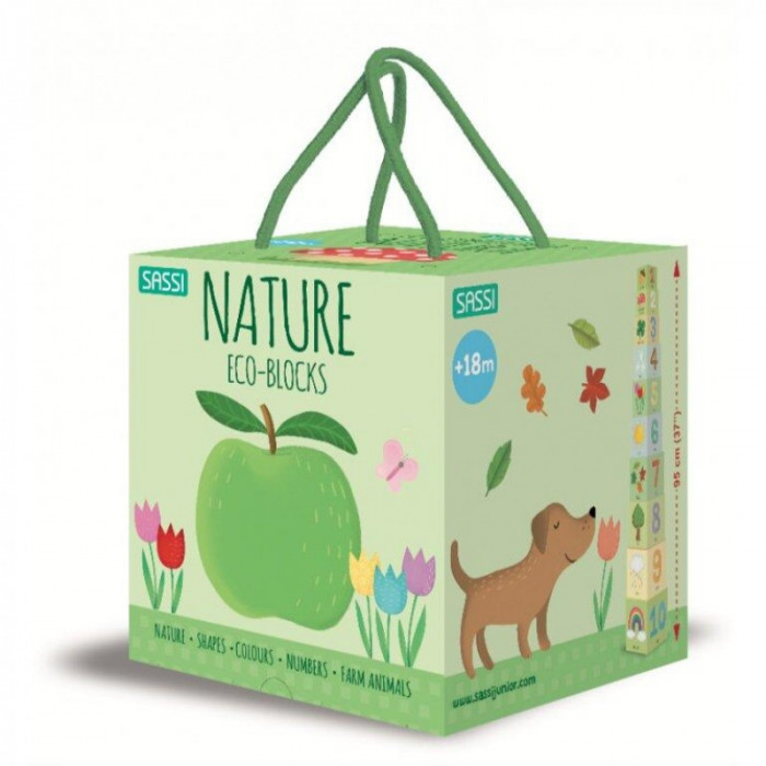 Set educativ cuburi Natura/numerele Sassi, 95 cm, 10 piese, 10 pagini, carte inclusa, 18 luni+