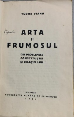 Arta si frumosul - Tudor Vianu - din biblioteca lui Geo Dumitrescu foto