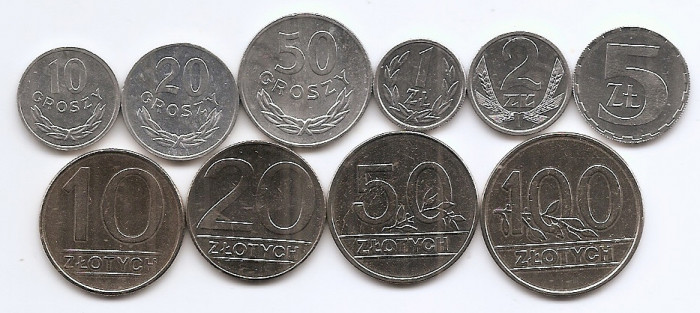 Polonia Set 10B -10, 20, 50 Gr. 1, 2, 5, 10, 20, 50, 100 Zloti 1981/90 - V17 UNC