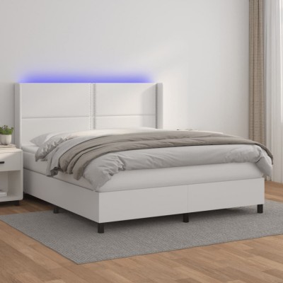 vidaXL Pat cu arcuri, saltea și LED, alb, 160x200 cm, piele ecologică 3139332 foto