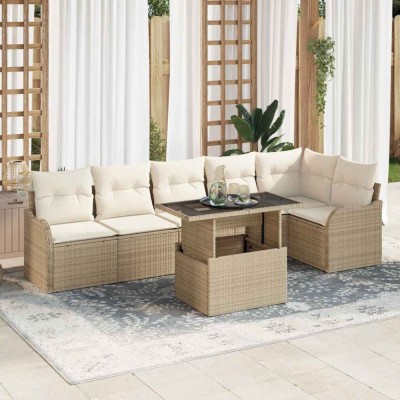 vidaXL Set de canapele pentru grădină cu pernă 7 pcs Bej Rattan poli foto
