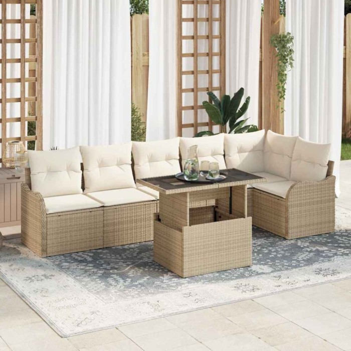 vidaXL Set de canapele pentru grădină cu pernă 7 pcs Bej Rattan poli