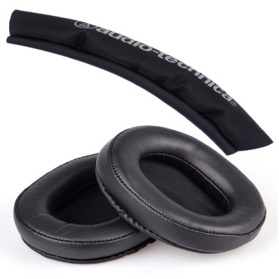 Set 2 bureti + Banda superioara pentru casti Audio-Technica ATH-M50XBT / ATH-M40X / ATH-M30X / ATH-M20X - Negru - Piele ecologica - Spuma cu memorie foto