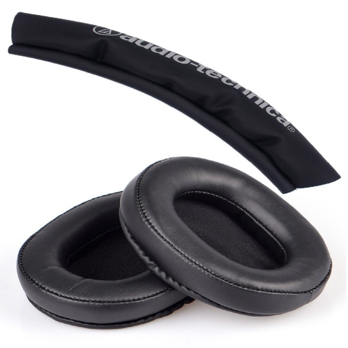 Set 2 bureti + Banda superioara pentru casti Audio-Technica ATH-M50XBT / ATH-M40X / ATH-M30X / ATH-M20X - Negru - Piele ecologica - Spuma cu memorie
