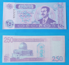 Bancnota veche SUPERBA - IRAK IRAQ 250 DINARI cu Sadam Husein in stare FB foto