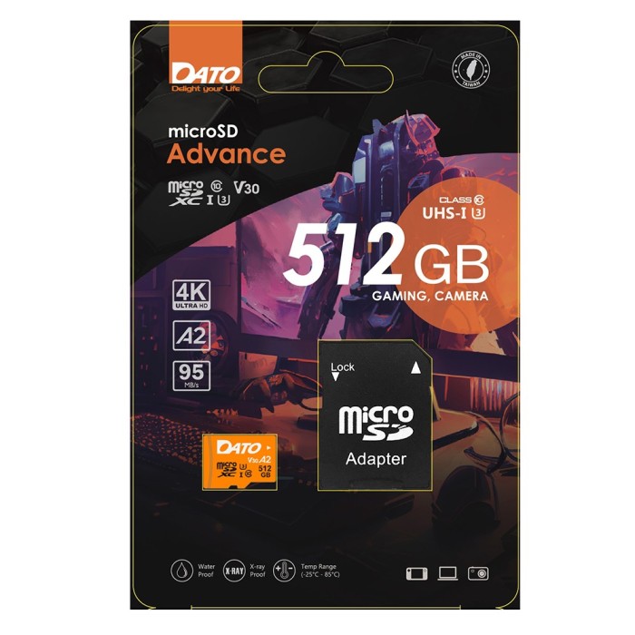 Dato - Memory Card Advance with Adapter (DTTF512GU3A2V30A) - MicroSDXC, 512GB, U3, A2, V30, Read 95MB/s - Black