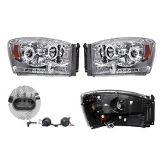 Set faruri Dodge Ram, 01.2006-08.2008, partea Stanga+Dreapta, Tuning, Fata, Lampa de parcare pe fibra optica; Tip=USA; tip bec H1+H1; manual; transpa foto