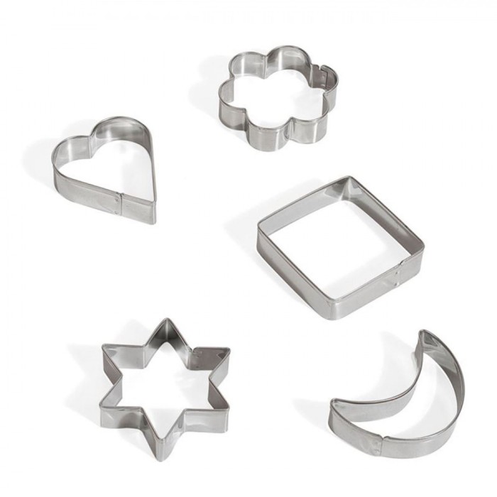 Set Forme Biscuiți, 5 Bucăți, Metalic, Inimă, Stea, Floare, Pătrat, Semilună