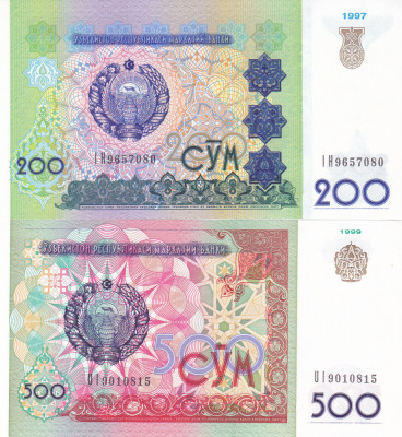 Bancnota Uzbekistan 200 si 500 Sum 1997-99 - P80-81 UNC (set 2 bancnote) foto