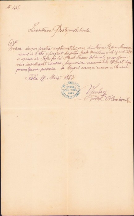 A2525N Licență protopresbiterală de căsătorie, 1883, Folea, județul Timiș