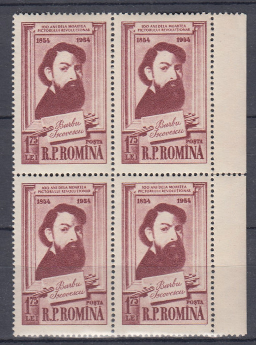 ROMANIA 1954 LP 378 CENTENARUL BARBU ISCOVESCU BLOC DE 4 TIMBRE MNH