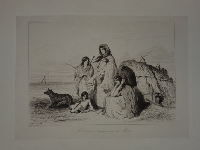 THEODORE VALERIO ( 1819 - 1879 ) , GRAVURA PE METAL : &amp;quot; HABITATION TSIGANE SUR LA PUSTA &amp;quot; , DATA SI SEMNATA IN STANGA JOS , 1855 foto