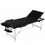 Masă masaj pliabilă, 3 zone, negru, cadru aluminiu, vidaXL